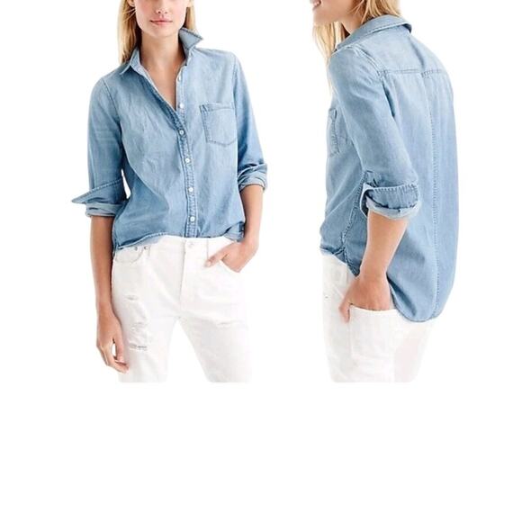 J crew top womens size 0 blue always chambray cotton button down shirt casual - Picture 3 of 8